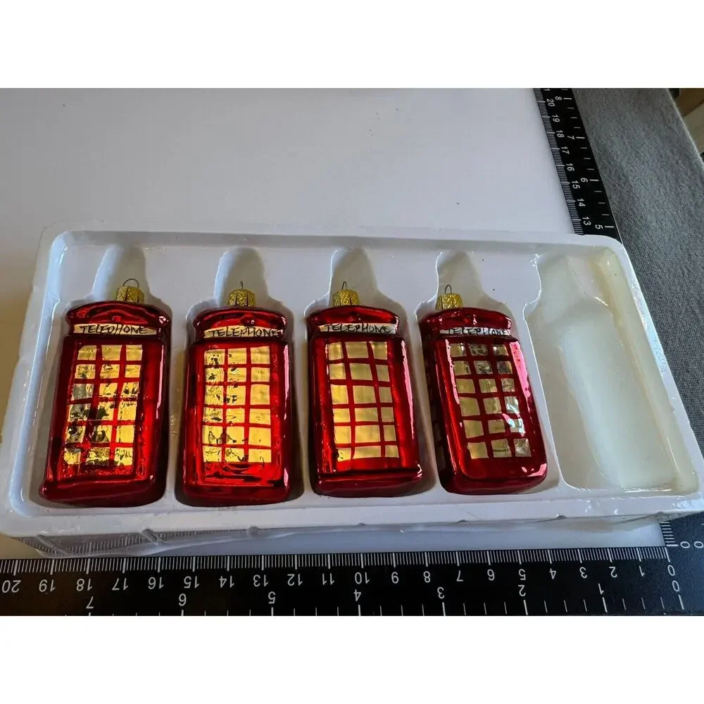 Vintage Blown Glass Phone Box Telephone Booth Christmas Ornament Set Of 4 EUC